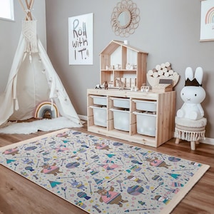 Whimsical Animal Adventure Kids Room Rug-Forest Friends Playtime Nursery Carpet-Cartoon Style Baby Room Rug-Colorful Teepee Toddler Mat