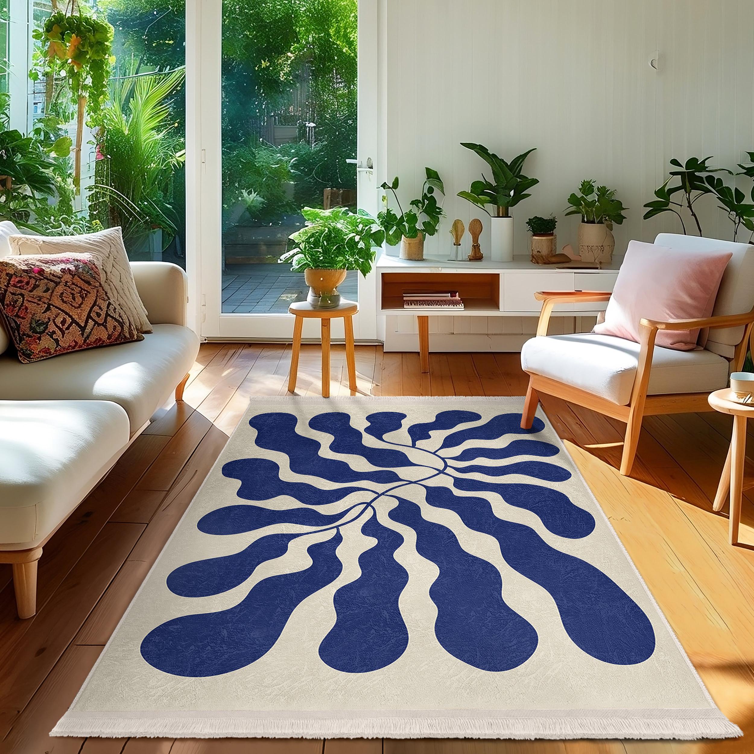 Blue Abstract Ripple Area Rug-vintage Wave Motif Mat-contemporary