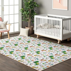 Colorful Dinosaur Safari Kids Room Rug-Dino Cartoon Nursery Carpet-Rainbow Wonderland Playmat-Creative Kids Dinosaurs Baby Room Rug