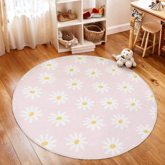 Daisy Floral Pink Kids Room Round Rug-petal Blossom Circle Carpet