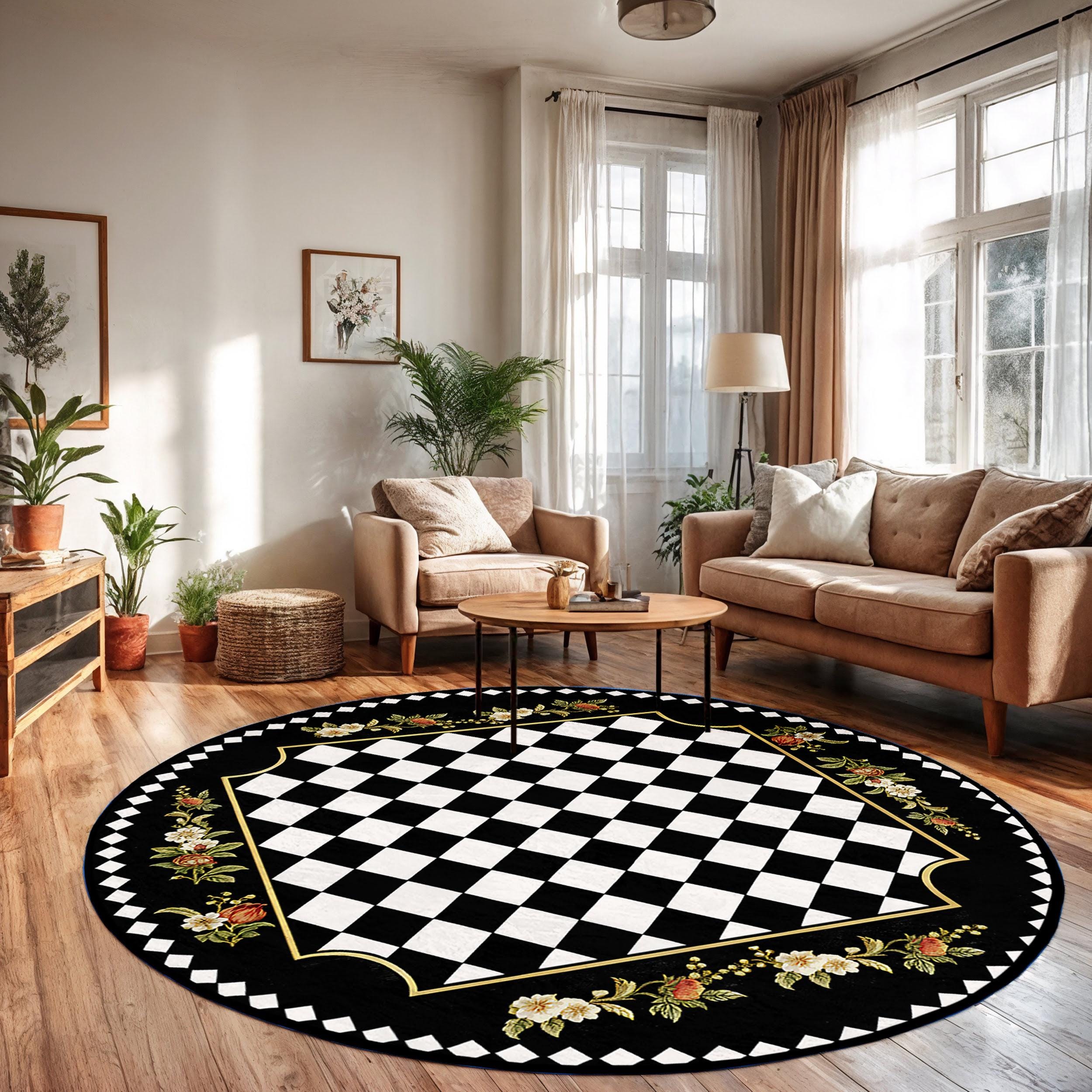 Floral Checkered Black Circle Carpet-black White Diamond Circle