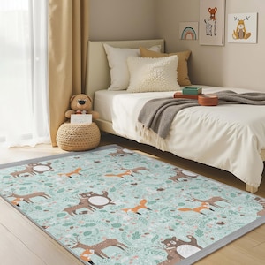 Woodland Animal Design Kids Room Rug-Bear Fox Deer Pattern Nursery Carpet-Mint Green Child Room Rug-Forest Theme Playmat-Anti Slip Baby Rug