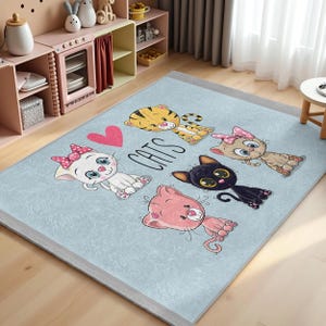 Cute Cartoon Cat Nursery Carpet-Animal Friends Design Kids Room Rug-Adorable Kitty Playmat-Pastel Blue Nursery Rug-Anti-Slip Baby Room Mat