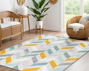 Chevron Geometric Area Rug - Yellow Blue Zigzag Accent Carpet - Modern Living Room Mat - Multicolor Decorative Runner - Trendy Pattern Rug