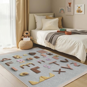 Textured Alphabet Gray Kids Room Rug-Letter Brown Shapes Nursery Carpet-Decorative Educational Playmat-Unique Lettering Child Room Rug