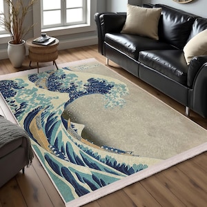 Ocean Wave Themed Area Rug-Japanese Art Print Accent Mat-Navy Blue Water Carpet-Washable Great Wave Area Rug-Anti-Slip Kanagawa Rug