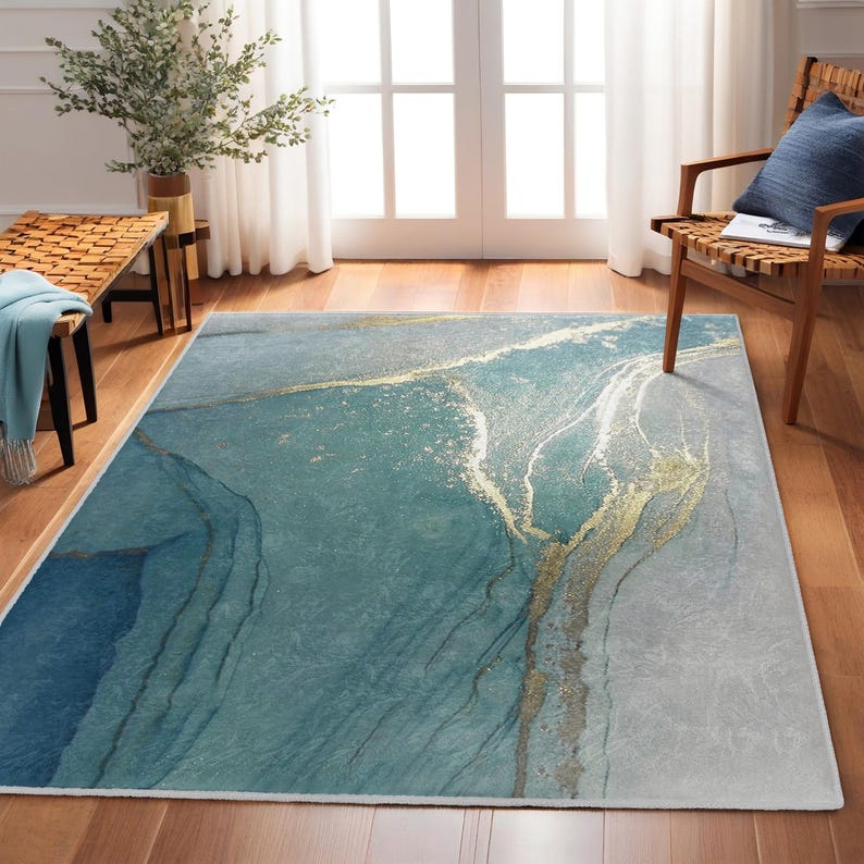 Ocean Inspired Area Rug-metallic Brushstrokes Accent Carpet-abstract ...