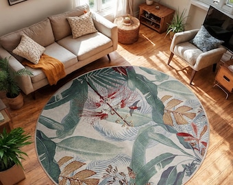 Tropical Leaf Paradise Round Rug-Leafy Green Botanical Circle Carpet-Nature Inspired Circle Mat-Leaf Print Living Room Rug-Boho Style Carpet