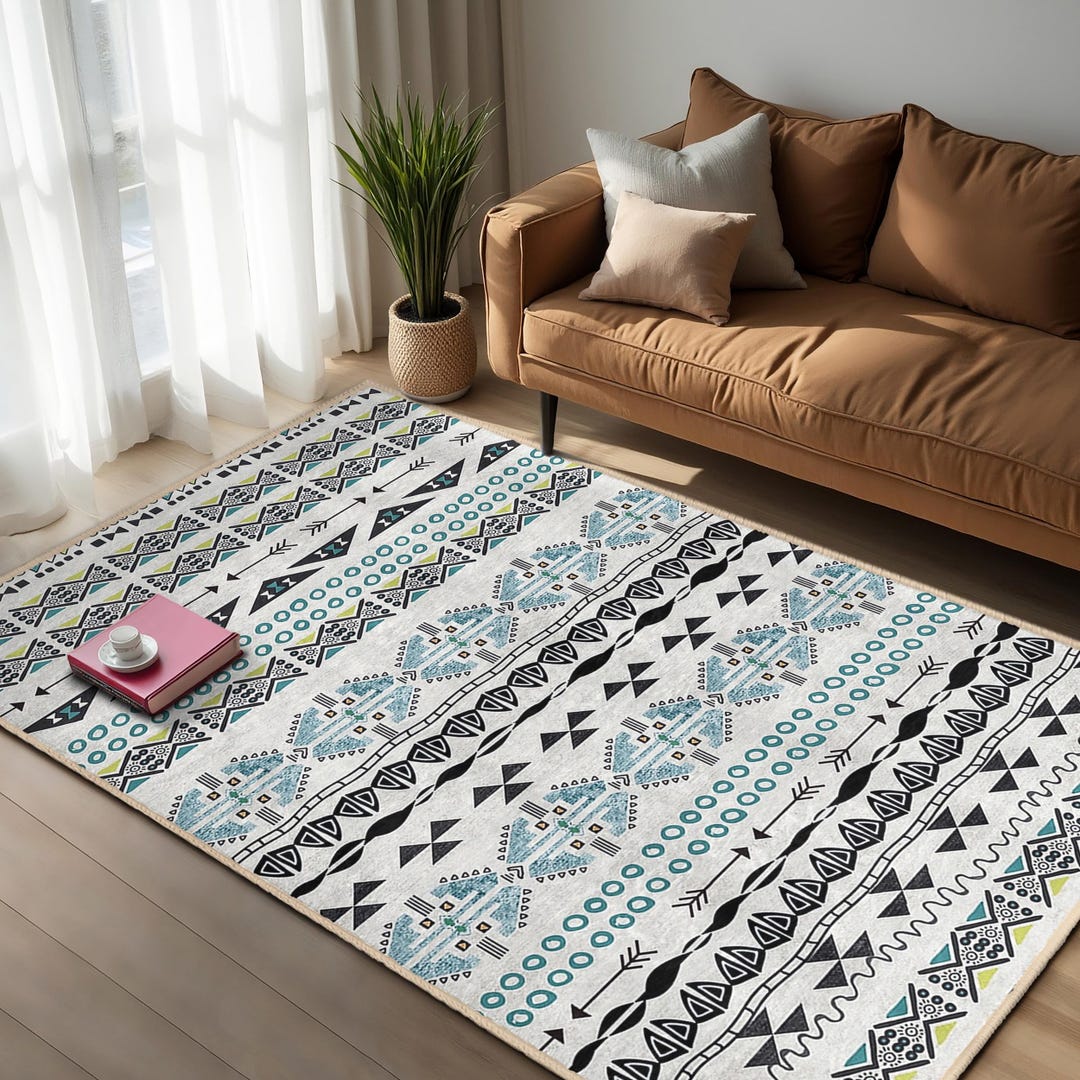 Aztec Boho Living Room Area Rug - Geometric Circles Lines Mat ...