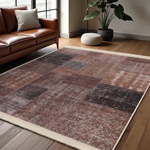 Rustic Patchwork Brown Area Rug-Geometric Square Tile Accent Carpet-Distressed Earth Tone Mat-Vintage Texture Carpet-Modern Living Room Rug