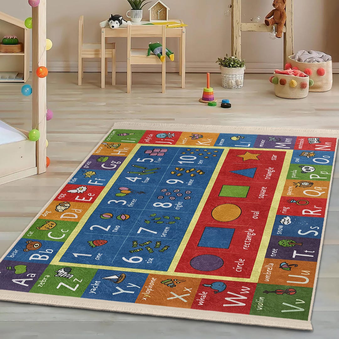 Colorful ABC Learning Kids Room Rug-shapes Numbers Blue Nursery Carpet ...