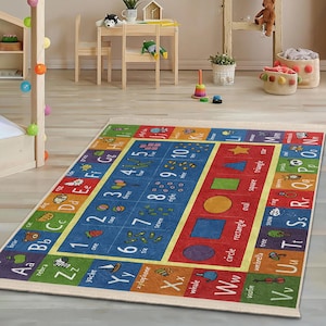 Colorful ABC Learning Kids Room Rug-Shapes Numbers Blue Nursery Carpet-Numbers Educational Child Room Rug-Alphabet Playmat-Toddler Mat