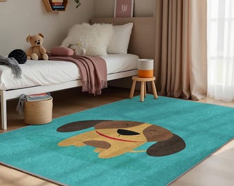 Cute Puppy Print Nursery Carpet-Dog Design Rectangular Kids Room Rug-Playful Animal Child Room Rug-Aqua Toddler Mat-Fun Baby Room Rug