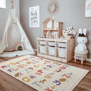 Alphabet Animals Cream Nursery Carpet-Colorful Letters Educational Nursery Rug-Fun Learning Kids Room Rug-Anti Slip Child Room Rug