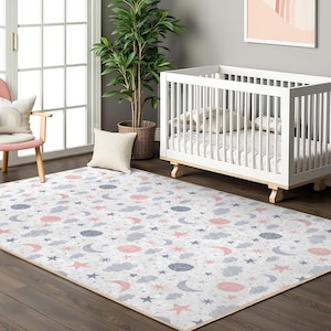 Night Sky Stars Nursery Carpet-Moon and Cloud Playmat-Galaxy Space Baby Room Rug-Stardust Anti-Slip Kids Room Carpet-Celestial Dreams Mat