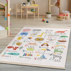 Alphabet Animal Adventure Kids Room Rug-Letters Learning Playmat-Fun ABC Characters Nursery Carpet-Colorful Educational Child Room Rug