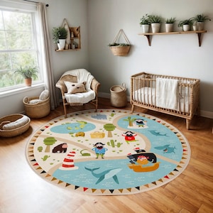 Piraten Abenteuer Kreis Teppich-Wal Schatzinsel Karte Spaß Ozean Kinderzimmer Teppich-Sea Abenteuer Runder Teppich-Blau Spielzimmer Matte-Kinderzimmer Dekor