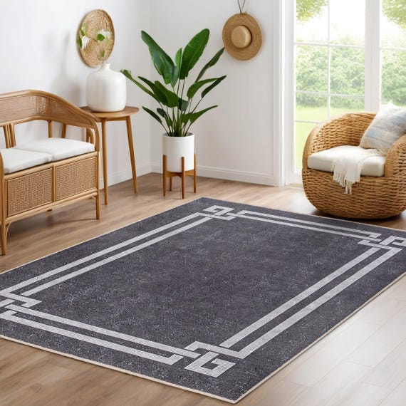 Greek Key Charcoal Area Rug-borderline Geometric Accent Carpet