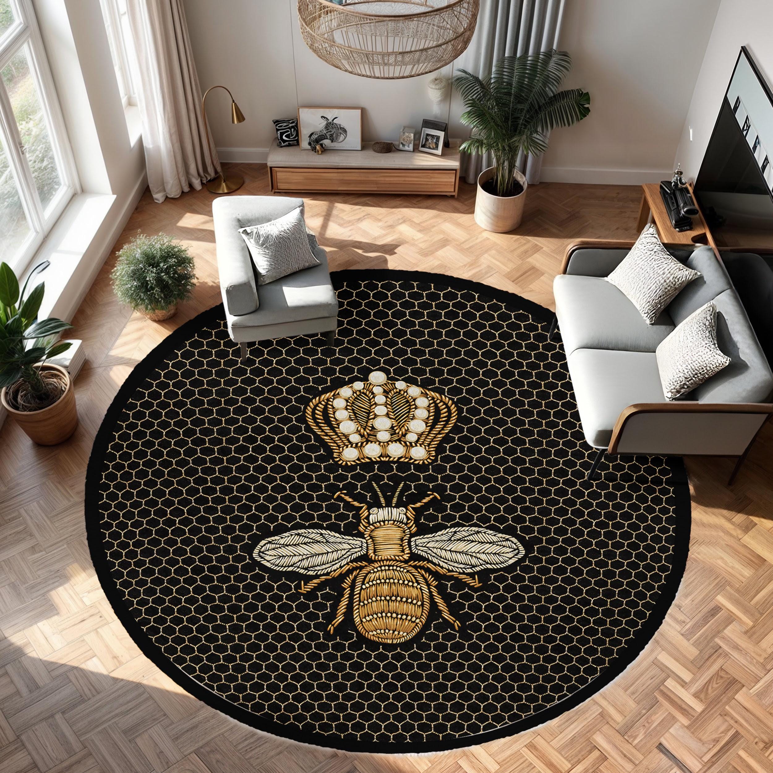Golden Crown Bee Round Rug-black Honeycomb Circle Carpet-bee Hive ...