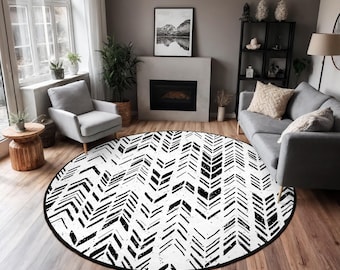 Black Chevron Circle Carpet-Zigzag Monochrome Oval Mat-Modern Living Room Rug-Artistic Anti-slip Round Carpet-Scandi Chic Washable Rug