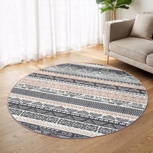 Aztec-Inspired Geometric Boho Round Rug - Black Beige Tribal Stripe Circle Carpet - Bohemian Living Room Rug - Modern Decor Circle Mat