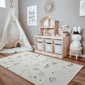 Whimsical Heart Butterfly Nursery Carpet-Rainbow Crown Star Kids Room Rug-Pastel Child Room Rug-Anti-Slip Playmat-Baby Room Rug