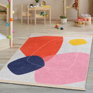 Abstract Colorful Geometric Kids Room Rug-Multicolor Shapes Nursery Carpet-Contemporary Playmat-Vibrant Tones Child Room Rug-Anti-Slip Mat