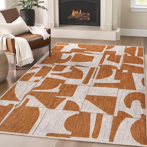 Modern Geometric Orange Area Rug-Abstract Letter Patterns Mat-Contemporary Accent Carpet-Chic Rug-Graphic Styled Runner-Anti-Slip Carpet