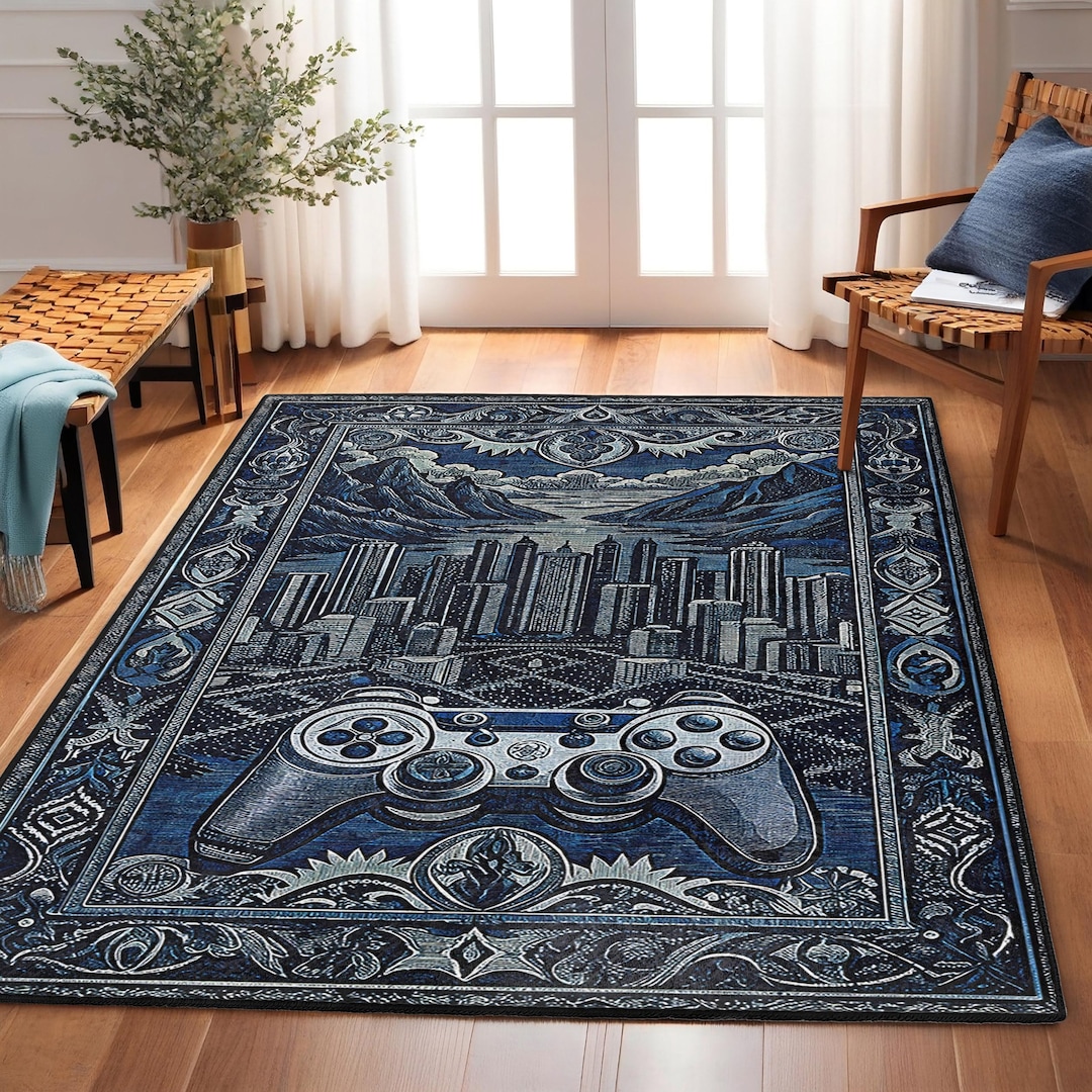 Cityscape Game Area Rug-blue Controller Design Carpet-scenic Skyline ...