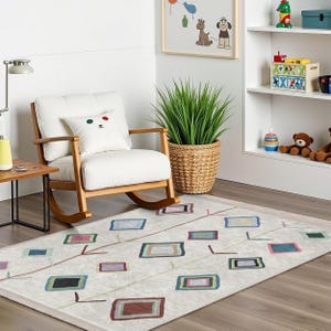 Colorful Geometric Squares Kids Room Rug-Branch Line Pattern Nursery Carpet-Vibrant Modern Playmat-Creative Style Child Room Rug