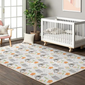 Animal Friends Playtime Kids Room Rug|Gray Cartoon Character Nursery Carpet|Playful Jungle Animals Baby Room Rug|Floral Elephant Toodler Mat