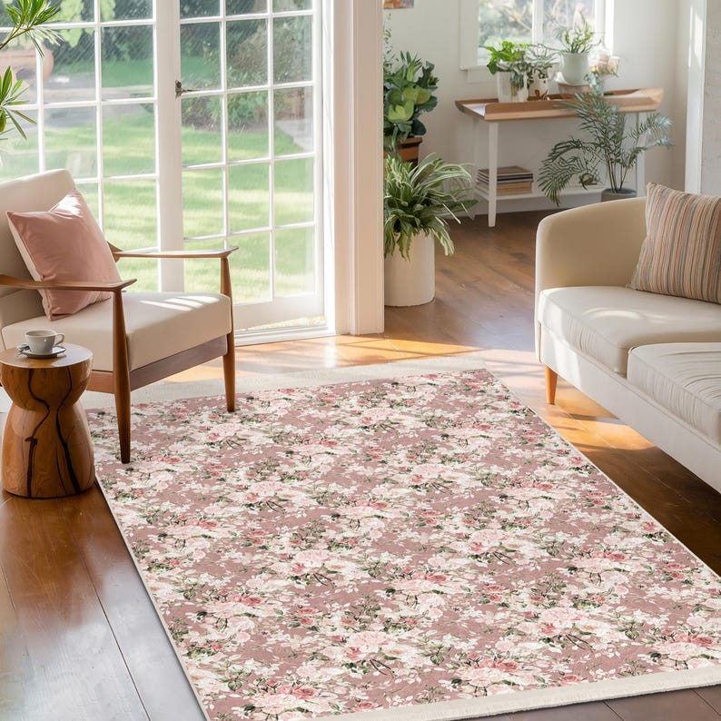 Pink Floral Elegance Area Rug-vintage Bloom Accent Carpet-romantic ...