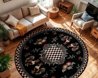 Elegant Checkered Floral Round Rug - Black White Circle Carpet