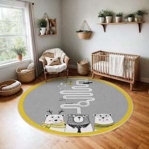 Kids Bear Adventure Circle Carpet-Forest Animal Roadway Oval Mat-Gray Bear Trio Playroom Rug-Cute Nursery Decor-Kid's Room Round Rug