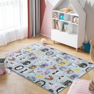 Animal Faces Decorative Kids Room Rug|Cartoon Character Blue Nursery Carpet|Whimsical Forest Friends Toddler Mat|Playful Infant Room Rug
