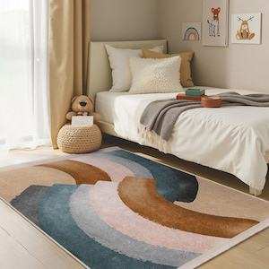 Curved Earth Tones Kids Room Rug-Abstract Arc Lines Nursery Carpet-Boho Wave Baby Room Rug-Brown Gradient Child Room Rug-Anti Slip Playmat