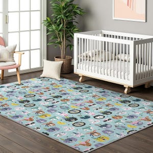 Animal Faces Blue Kids Room Rug-Cute Cartoon Animal Nursery Carpet-Zoo Friends Playmat-Child Room Rug-Vibrant Creatures Toodler Mat