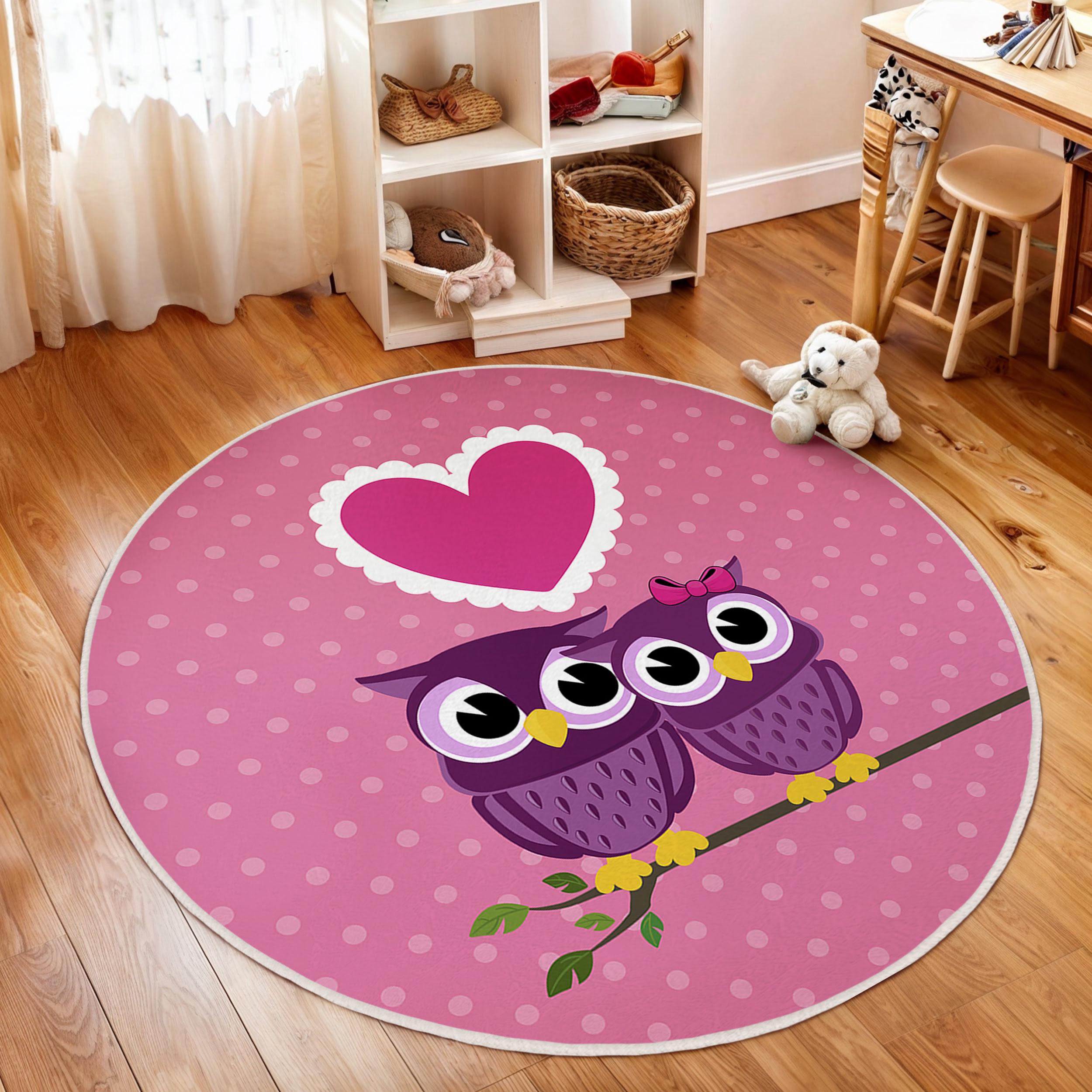 Purple Owl Love Kids Room Round Rug-Pink Heart Dotted Circle Carpet-Cute Owl Nursery Decor-Round Car