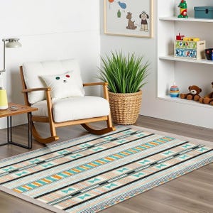 Aztec Geometric Modern Nursery Carpet - Tribal Triangle Print Kids Room Rug - Colorful Striped Baby Room Rug - Teal Orange Child Room Rug