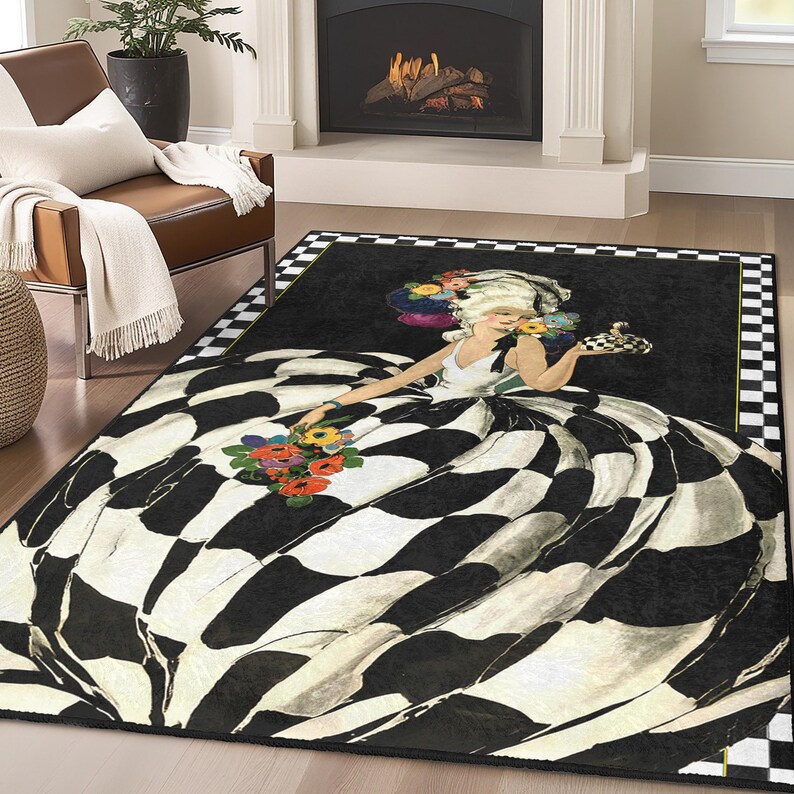 Baroque Lady Design Area Rug-black Checker Flower Mat-vintage Gown ...