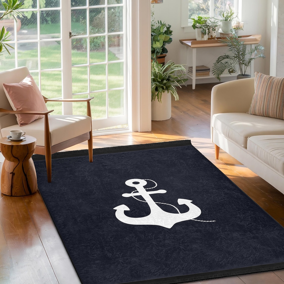 Nautical Anchor Navy Area Rug-white Anchor Nautical Mat-coastal Living ...