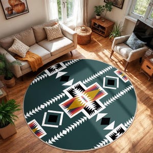 Aztec Inspired Geometric Circle Carpet - Colorful Tribal Chevron Round Rug - Teal Southwestern Round Carpet - Living Room Trend Carpet