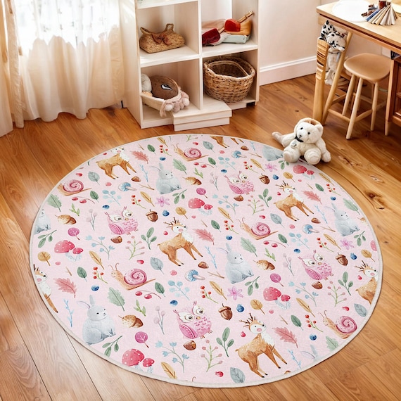 Forest Animals Pink Kids Room Round Rug-woodland Creatures Circle