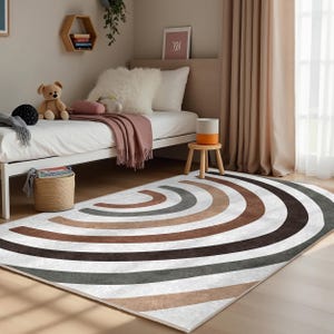Round Gradient Retro Nursery Carpet-Arch Stripes Neutral Tone Rug-Polygonal Beige Kids Room Rug-Vintage Vibe Playmat-Child Room Abstract Mat