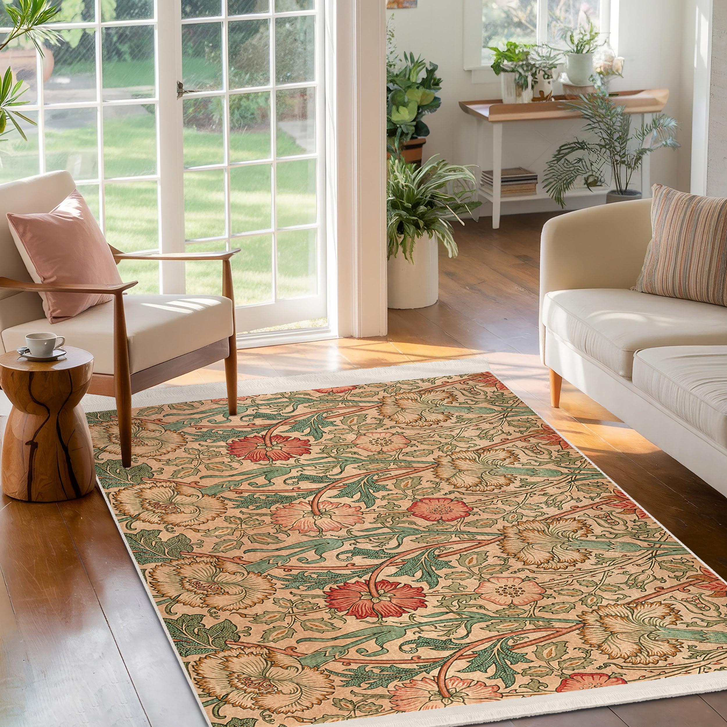Floral Vintage Beige Area Rug-botanical Green Fern Design Accent Rug ...