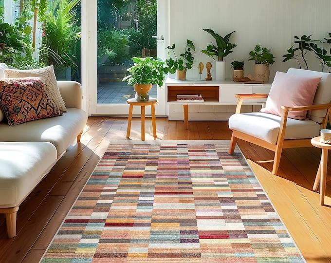 Colorful Geometric Blocks Area Rug-Vibrant Multicolor Pattern Accent Carpet-Modern Washable Mat-Living Room Throw Rug-Rainbow Decor Runner