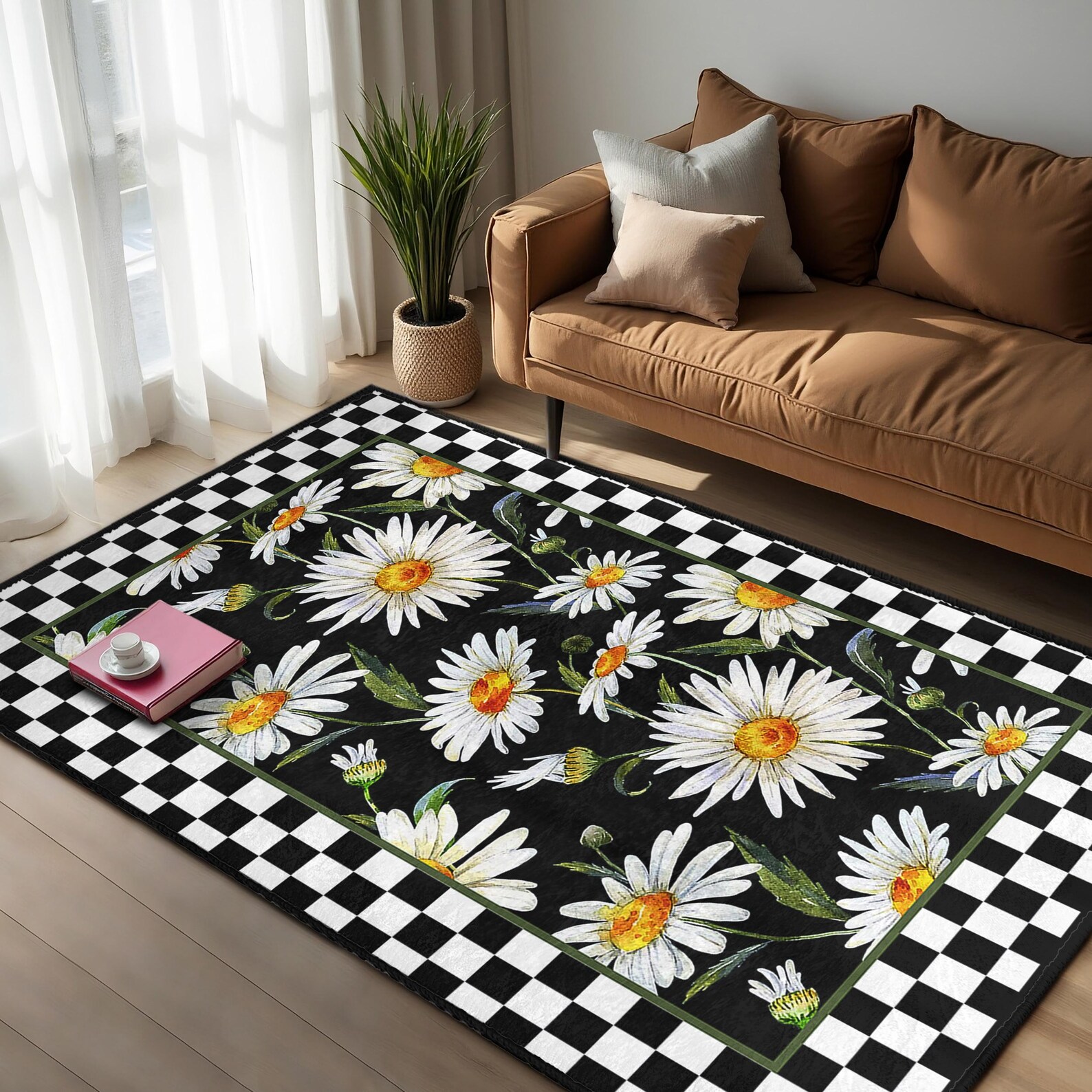 Small Daisy Rug Daisy Checkerboard Area Rug-black White Floral Mat-gingham Flower ...