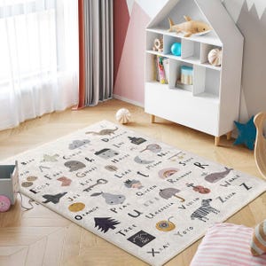 Alphabet Animal Design Kids Room Rug-Letters Whale Clouds Nursery Carpet-ABC Learning Child Room Rug-Gray Educational Playmat-Toddler Mat