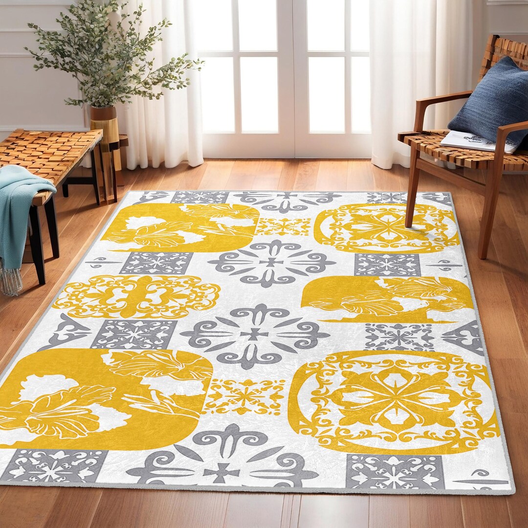 Yellow Abstract Floral Area Rug-geometric Gray Yellow Design Carpet ...