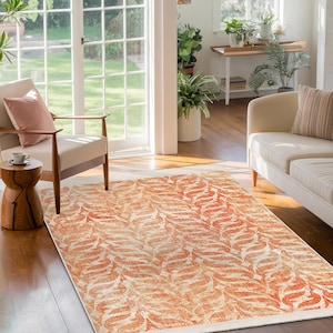 Rustic Orange Leaf Accent Rug-Leafy Vine Pattern Mat-Modern Anti-Slip Carpet-Terracotta Boho Chic Rug-Ivory Distressed Area Mat